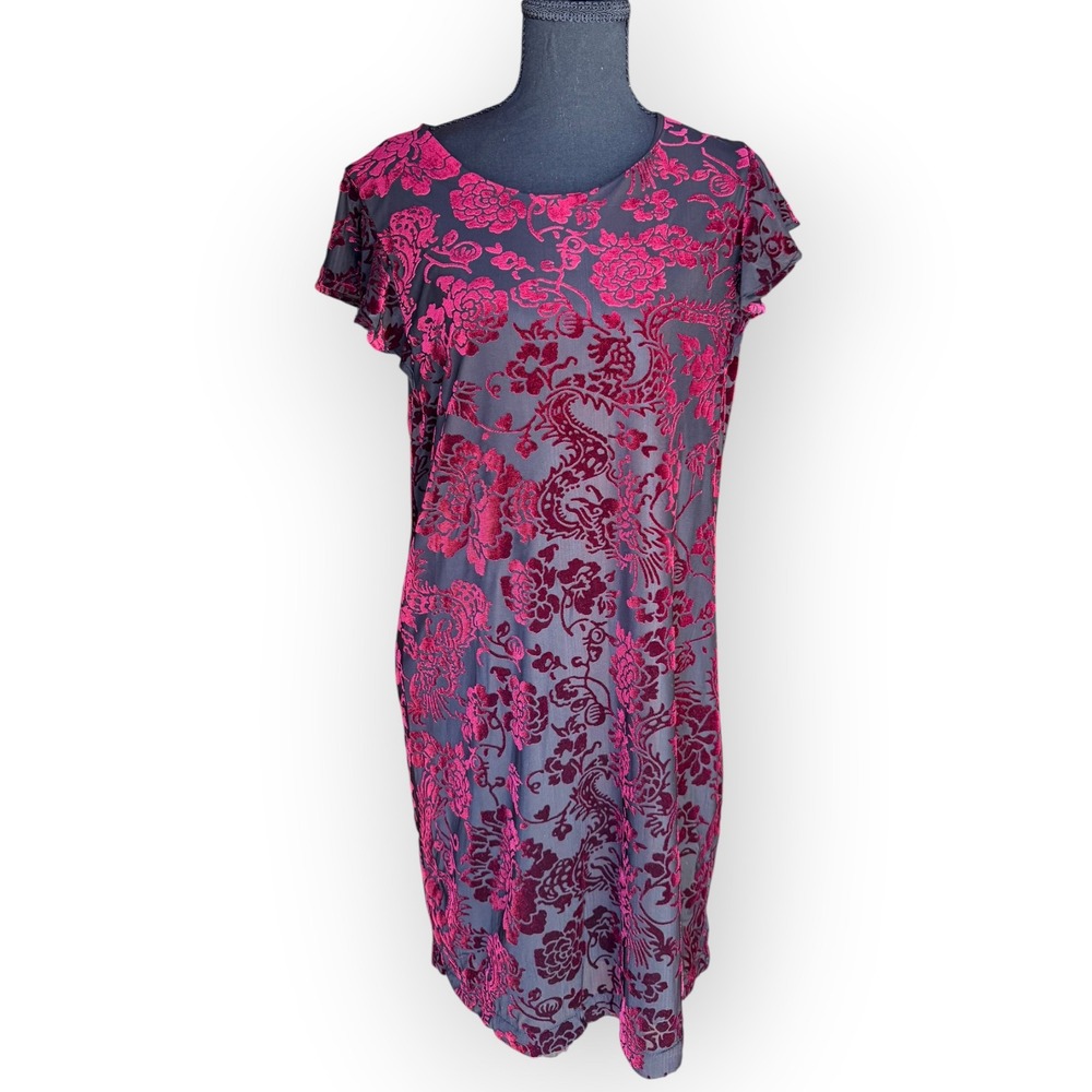Adrienne Vittadini Dress M Black Red Velvet Burnout Floral Dragon Flutter Sleeve